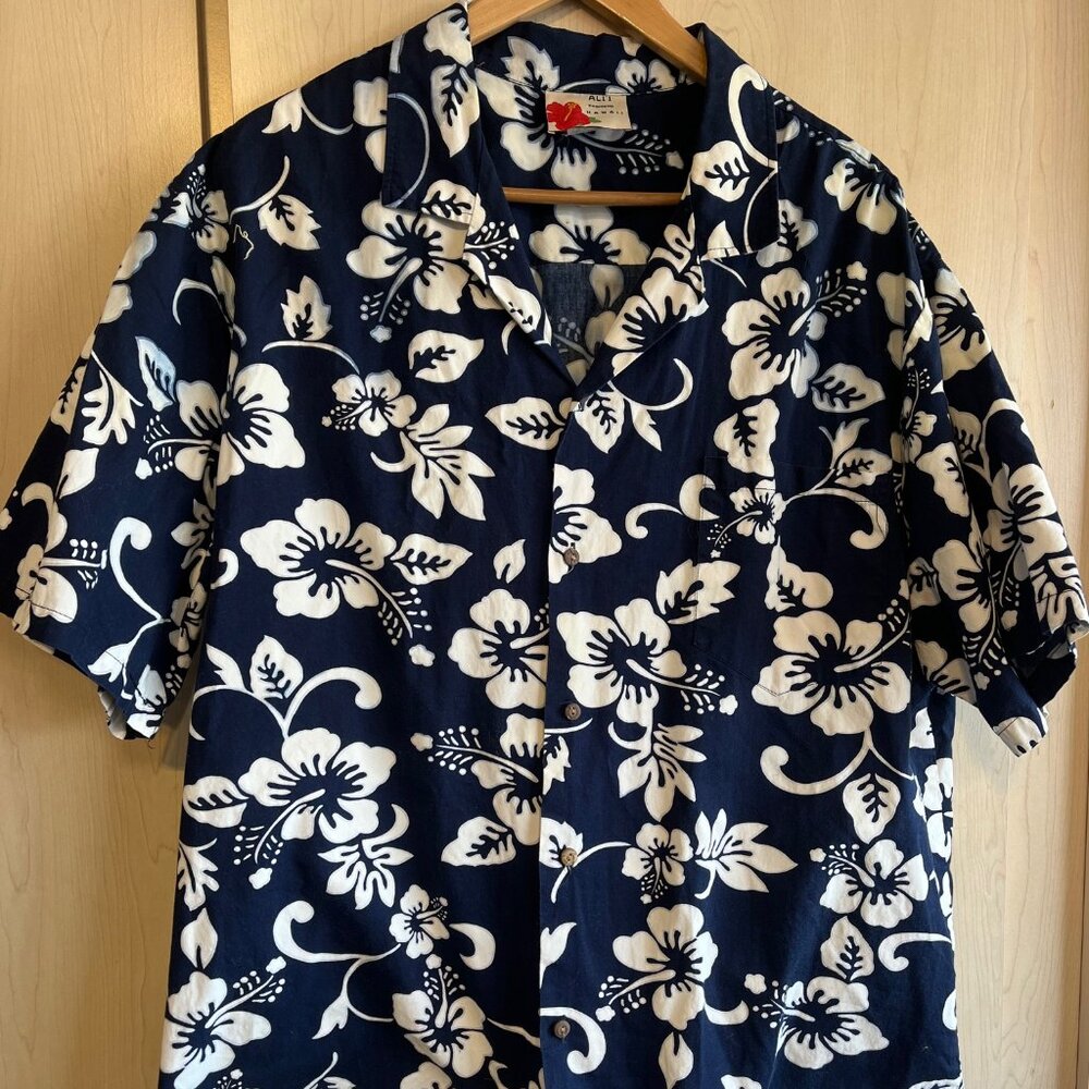 Hawaiian Shirt by ALI'I Fashions Hawaii XLβ Blue White Floral Aloha Cotton